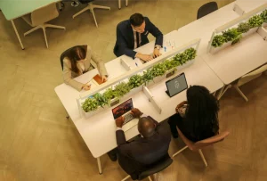 Foto de uma estação de trabalho ergonômica e bem iluminada, mesa organizada, plantas ao centro. 