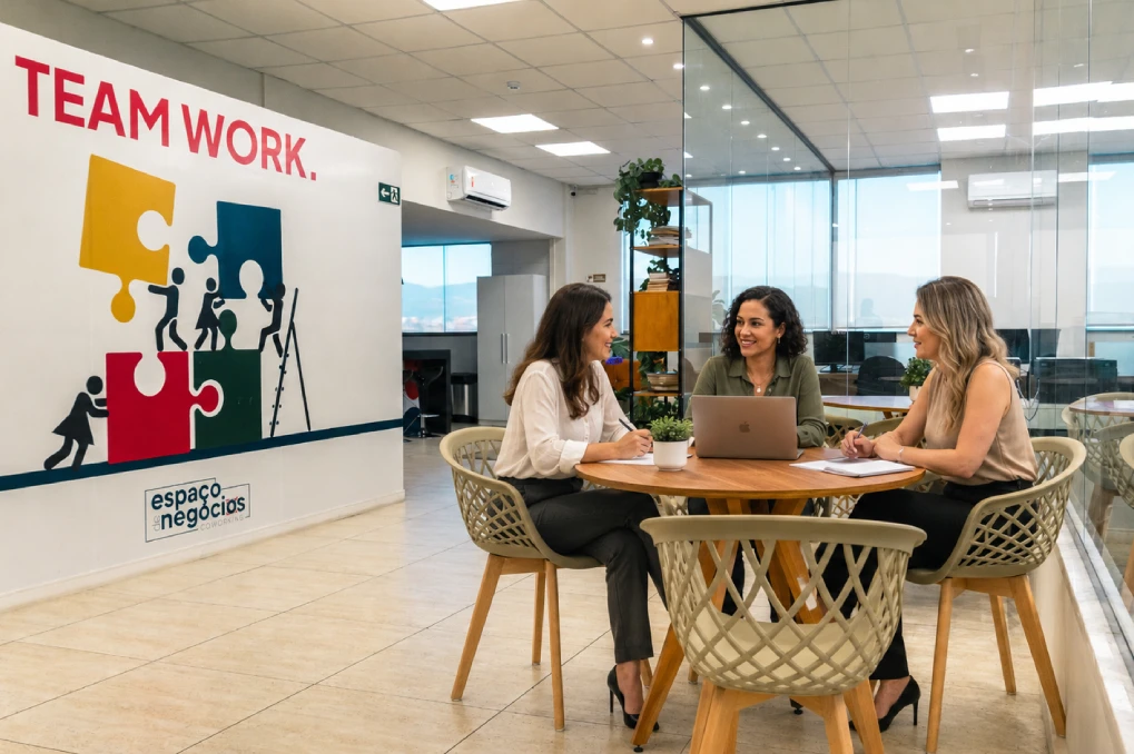 grupo pequeno conversando informalmente na copa ou lounge do coworking, com xícaras de café na mesa.
