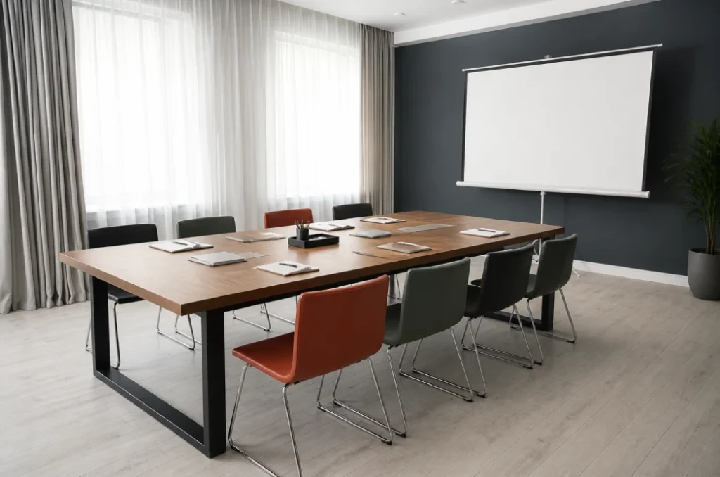 sala de reunião organizada, com materiais dispostos na mesa e tela de projeção ligada, antes da chegada dos participantes.